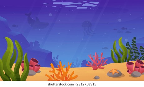 Underwater world vector background. Sea or ocean with colorful reefs and corals. Floristry and wild life. Place for text and presentations, greeting postcard design. Cartoon flat illustration