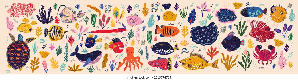 Underwater world. Vector collection with fishes and seaweed in cartoon style