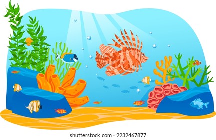 Underwater world. vector coral reef and fishes in Red sea illustration