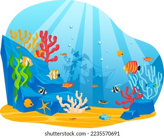 Underwater world. vector coral reef and fishes in Red sea illustration