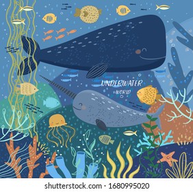 Underwater world! Vector cute illustration ecosystem of ocean world, whale, narwhal, puffer fish, various fish, jellyfish, starfish, corals, seaweed, water plant. Drawings for card, poster or postcard