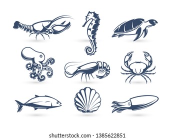 Underwater world vector icon collection. Engraving silhouette modern style. Lobster, turtle, crab, seahorse, shrimp, octopus, tuna, squid, shell icons Vector illustrations for on blank background