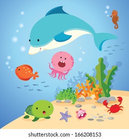 Underwater world. Vector illustration of colorful sea creatures.