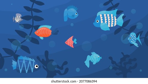 Underwater world. Vector illustration with coral reef, school of fish. Underwater marine life. Panoramic seascape.