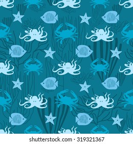 underwater world vector illustration. Crab octopus  fish sea, sea star.