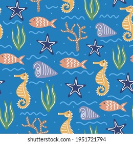 Underwater world vector illustration. Hand painted seamless pattern with colorful sea inhabitants, starfish, sea shells, sea horses, seaweed, coral reefs, algae and other underwater plants