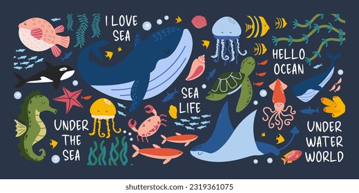 Mundo submarino. Ilustración vectorial del mundo marino. Pescado puro y animales de dibujos animados de mar salvajes. Ballenas, peces, calamares, algas, conchas, caballitos de mar, medusas, cangrejo. Dibujos para banner, postales, tarjetas.