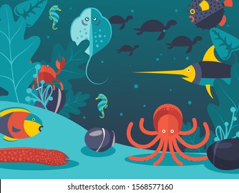 Underwater world vector illustration. Sea creatures in flat style, life at ocean bottom. Fish, octopus and eel under water, exotic animals of ocean, various sea creatures, seabed cartoon characters