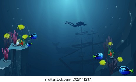 Underwater world, vector illustration with yellow fish, blue fish, rock, starfish, pearl and diver