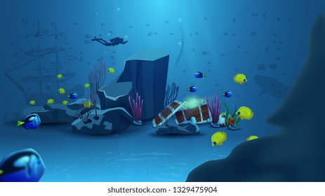 Underwater world, vector illustration with yellow fish, blue fish, rock, starfish, pearl, diver and treasure chest