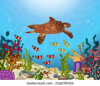 Underwater world in vector illustration.Colorful fishes, big turtle and underwater flora in colorful vector illustration.