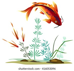 underwater world vector. Koi and little fish