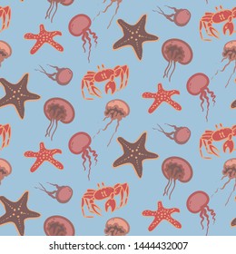 Underwater world. Vector seamless pattern with starfishes, crabs, jellyfishes, which floating under water.