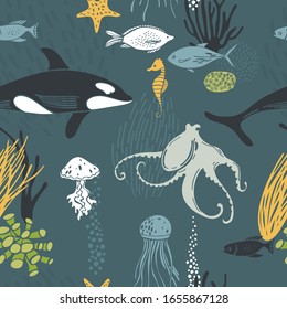 Underwater world. Vector seamless pattern with hand deawn fish and octopus.