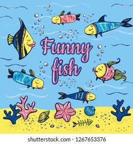 
Underwater world. The vector set includes fun hand-drawn fish, seashells, starfish, bubbles, fish skeleton, corals and waves. Can be used for the design of children's products.