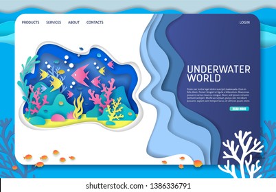 Underwater world vector website template, web page and landing page design for website and mobile site development. Aquarium with paper cut plants, exotic fish, stones.