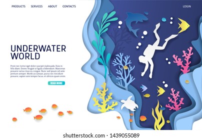 Underwater world vector website template, web page and landing page design for website and mobile site development. Paper cut undersea cave, scuba diver, coral reef, fish, shark, turtle. Scuba diving.