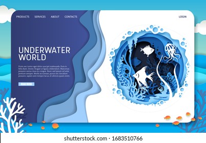 Underwater world vector website template, landing page design for website and mobile site development. Layered paper cut style underwater sea ocean cave, tropical exotic fish, aquatic plants.