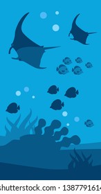 Underwater World Vertical Blue Banner for Mobile Application. Flat Wallpaper Seascape Panorama with Silhouettes of Swimming School of Fish and Manta Rays. Vector Marine Living Illustration