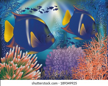 Underwater world wallpaper with tropical fish, vector vector illustration