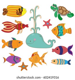 underwater world: whale colourful fish, sea turtle, on a white background