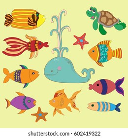 underwater world: whale colourful fish, sea turtle on yellow background