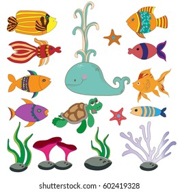 underwater world: whale colourful fish, sea turtle, seaweed, starfish, on a white background