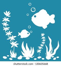 The underwater world white silhouette with plants, fishes, shells on blue background-vector illustration