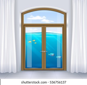 The underwater world of the window of the apartment. Concept on a theme of flooding or diving. Transparency. Vector graphics