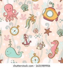 Underwater world, yellow submarine, anchor, sea creatures and weeds. Seamless pattern. Vector illustration.