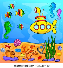 Underwater world with yellow submarine. Vector illustration