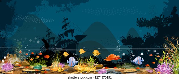 Underwater world-Marine Life Landscape-Coral reefs, old boats, rocks and fish with different underwater creatures For printing, create videos or web graphic design, poster-vector card user interface