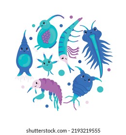 Underwater zooplankton decorative banner or circle design element, flat vector illustration isolated on white background. Bright design with plankton funny animals.