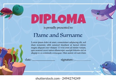 Underwater-themed diploma template with a playful design with cartoon turtle, shark and whale around the edges, seagrass and corals at the bottom left. 