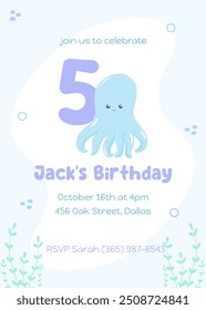 Underwater-themed fifth birthday invite. Cute kids' party card with a smiling blue octopus in soft marine hues