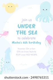 Underwater-themed party invitation template. Marine life illustration with fish, octopus, and squid in a flat cartoon style for kids' festive card.
