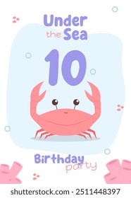 Underwater-themed tenth birthday invitation. Fun card with a red crab and coral details in light, soft colors.	