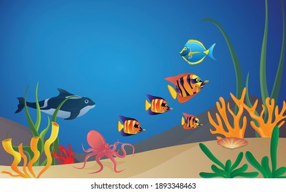 underwater,undersea illustration and life. the beauty of marine life. fish, algae and coral reefs are beautiful and colorful. Seamless underwater cartoon vector illustration
