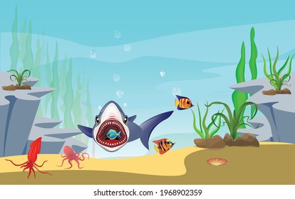 underwater,undersea illustration and life. the beauty of marine life. fish, algae and coral reefs are beautiful and colorful. Seamless underwater cartoon vector illustration