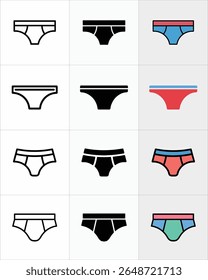 Underwear briefs displayed as vector icons, showcase minimalist styles in black outlines, solid fill, and bold color combinations against clean white backgrounds.
