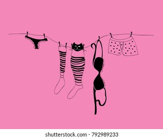 Underwear And Cat  On A Clothesline. Sketch. Vector Illustration On A Pink Background.