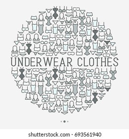 Underwear clothes concept in circle with thin line icons of bikini, bra, tankini, pants. Vector illustration for web page, banner, print media.