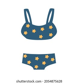 Underwear clothes. Deep blue Female top and underpants with stars Isolated flat vector object on white background