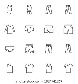 Juego de iconos de línea de ropa interior, colección de símbolos de vector contorno, paquete de pictogramas de estilo lineal. Señales, ilustración del logotipo. El juego incluye iconos como pantalones de ropa interior, calzoncillos, singlet, camiseta, cortos