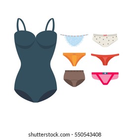 Underwear clothes panties bra vector set female bikini lingerie undies and underpants isolated objects on white background.