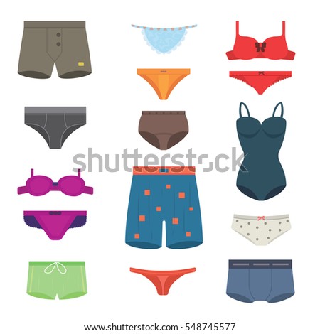 Underwear clothes panties bra vector set female bikini lingerie undies and underpants isolated objects on white background.
