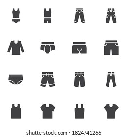Underwear clothes vector icons set, modern solid symbol collection, filled style pictogram pack. Signs, logo illustration. Set includes icons as underclothes pants, underpants, singlet, t-shirt, short