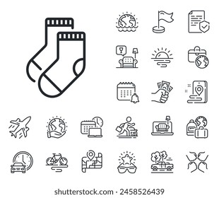 Signo de ropa interior. Avión jet, mapa de viaje e iconos de contorno de Reclamo de equipaje. Icono de línea de calcetines. Símbolo de accesorios para pies. Señal de la línea de calcetines. Alquiler de coches, icono de transporte de taxi. Lugar ubicación. Vector
