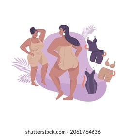 Underwear composition with character of plus size woman fitting lingerie vector illustration