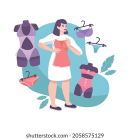 Underwear composition with female character fitting lingerie vector illustration